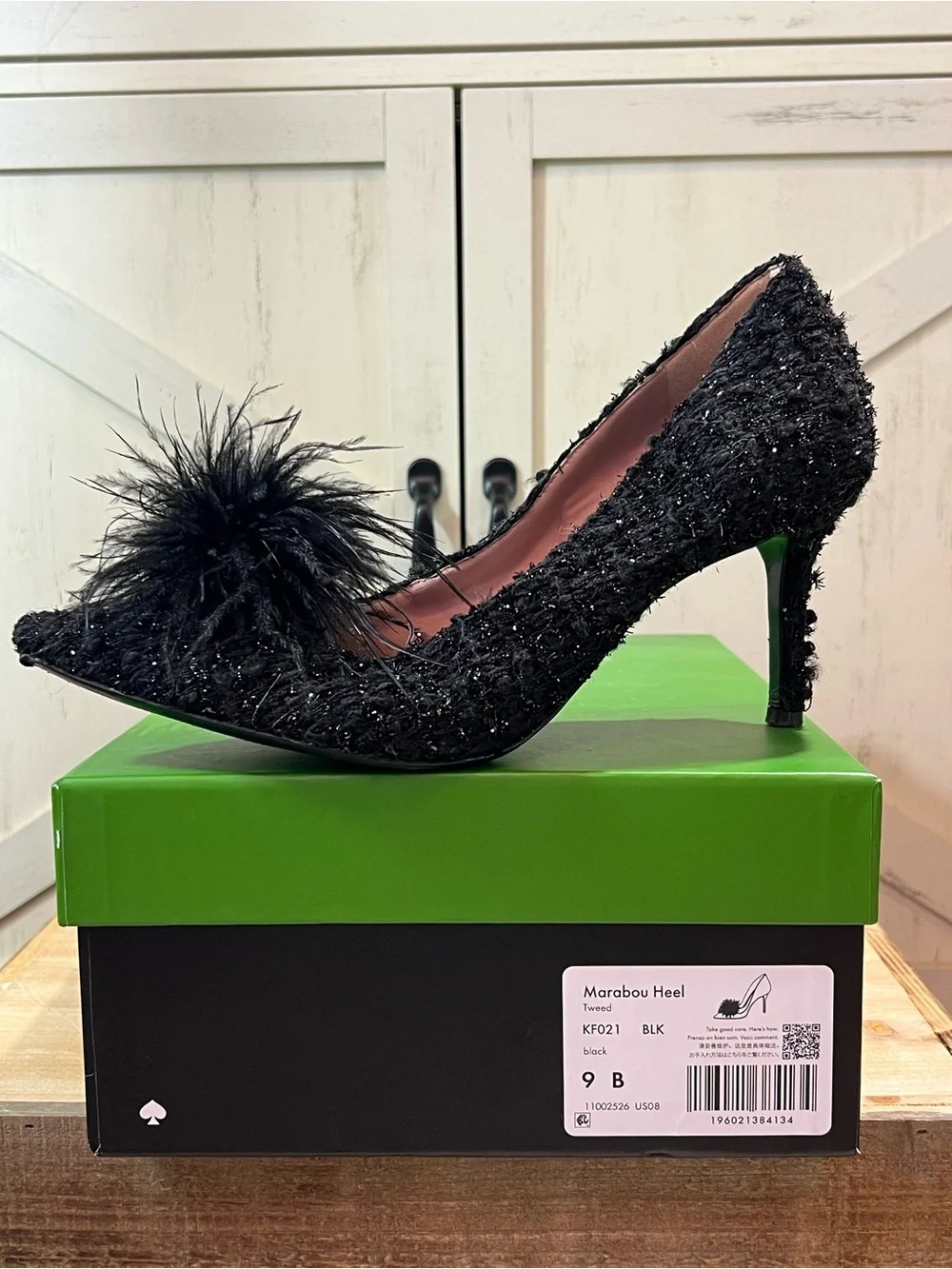 Kate Spade New York Marabou Black Tweed Feather Pom Pom Pumps Heels Size 9